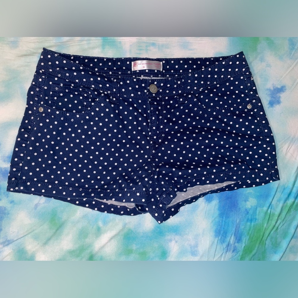 •New• No Boundaries Navy Blue White Polka Dots Shorts •Size 15